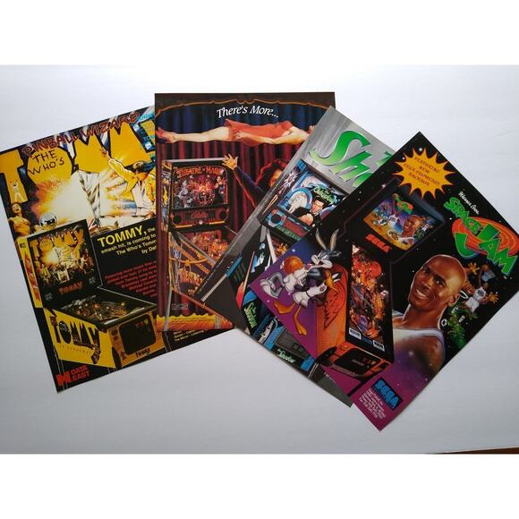 Pinball FLYERS Lot Of 4 Tommy Theatre Of Magic The Shadow Space Jam Original Art - Picture 1 of 2